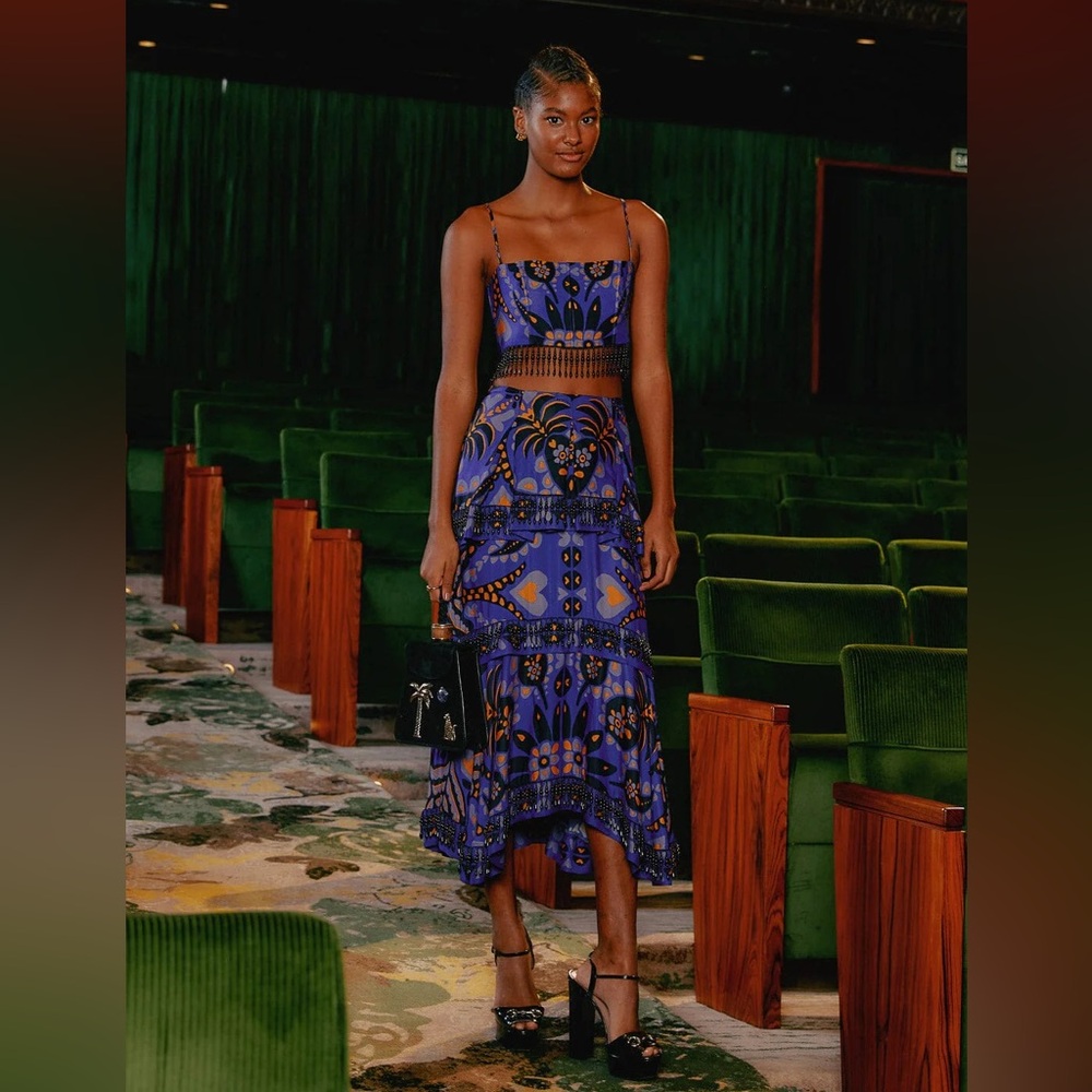 NWT FARM RIO Blue Martina Scarf Beaded Midi Skirt